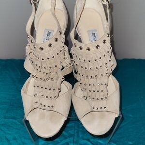 Jimmy Choo Beige Boho Suede Fringe Stud Sandals